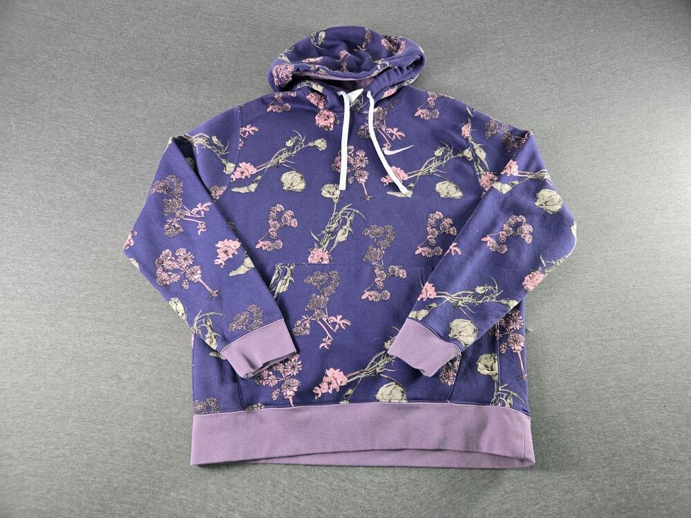 Nike Hoodie Sweatshirt Womens Large Purple Floral Fleece Pullover Graphic Print